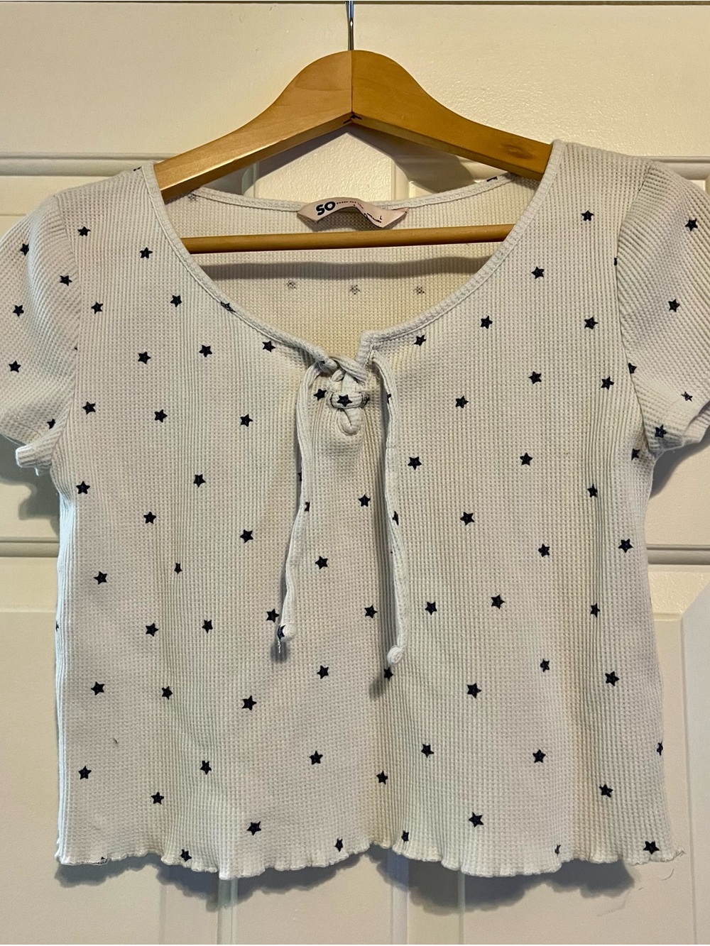 SO Goods for Life Light Blue Star Print Waffle Knit Tie Front Crop Top - Size L